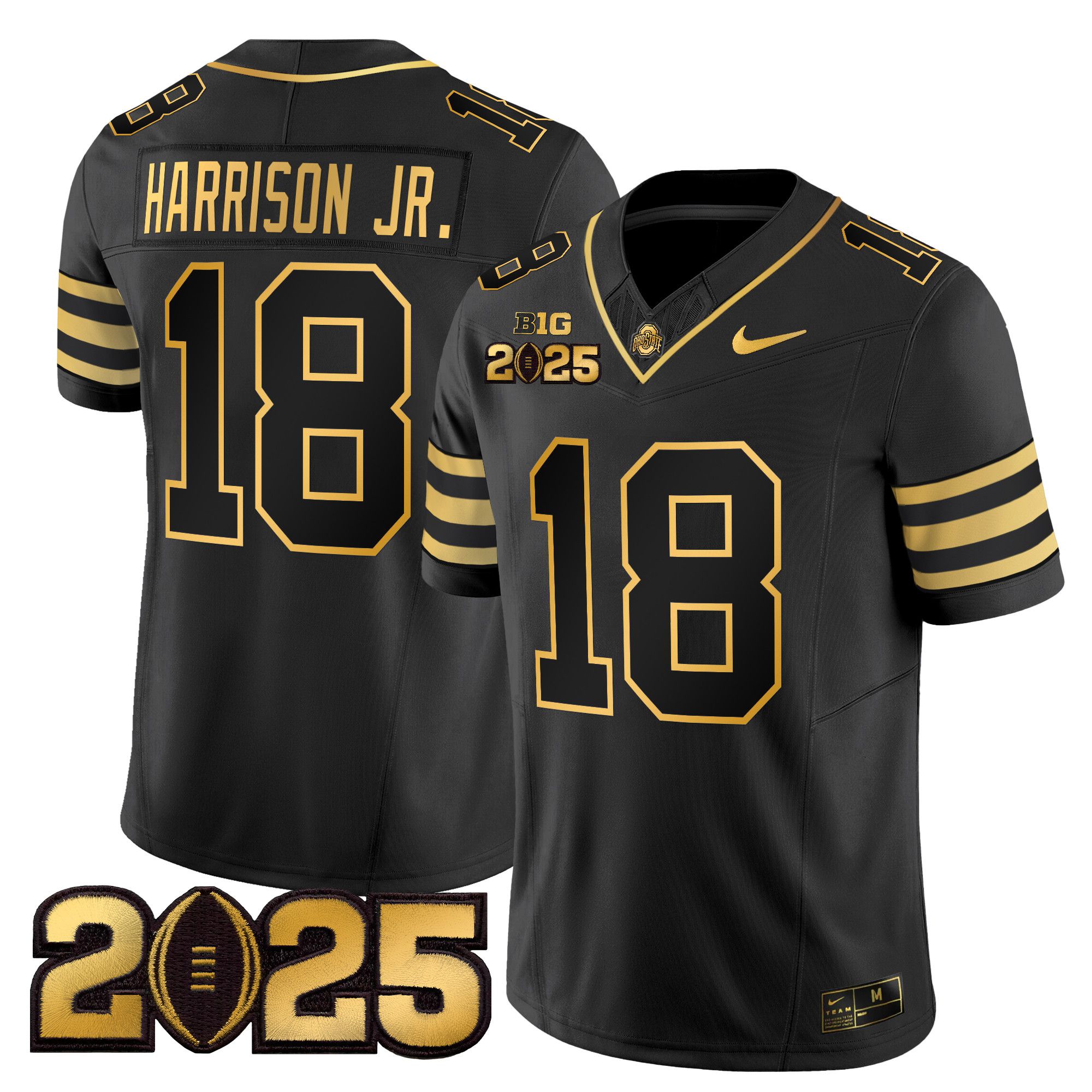 Men Ohio State Buckeyes #18 Harrison jr Black 2025 CFP Final Patch Gold Vapor Limited NCAA Jersey style 1